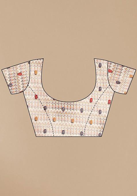 Cream Ethnic Motifs Printed Saree Set