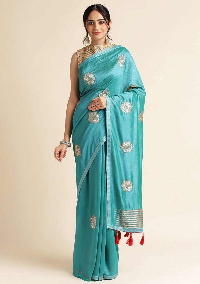 Blue Ethnic Motifs Embroidered Saree Set