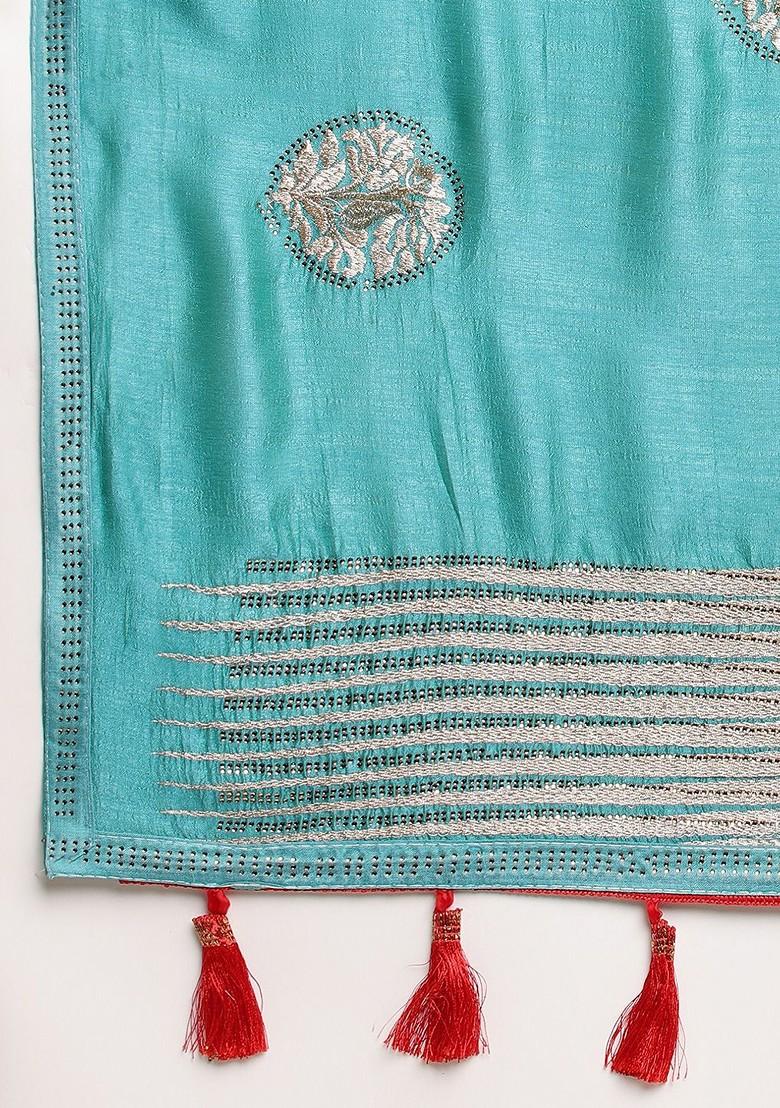 Blue Ethnic Motifs Embroidered Saree Set