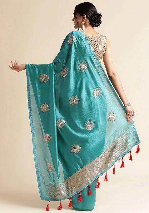 Blue Ethnic Motifs Embroidered Saree Set