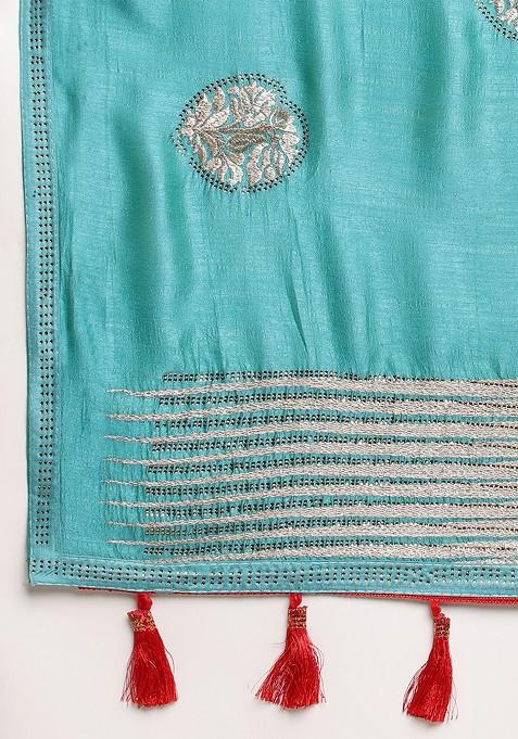 Blue Ethnic Motifs Embroidered Saree Set