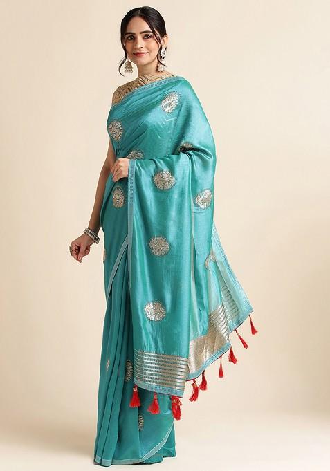 Blue Ethnic Motifs Embroidered Saree Set