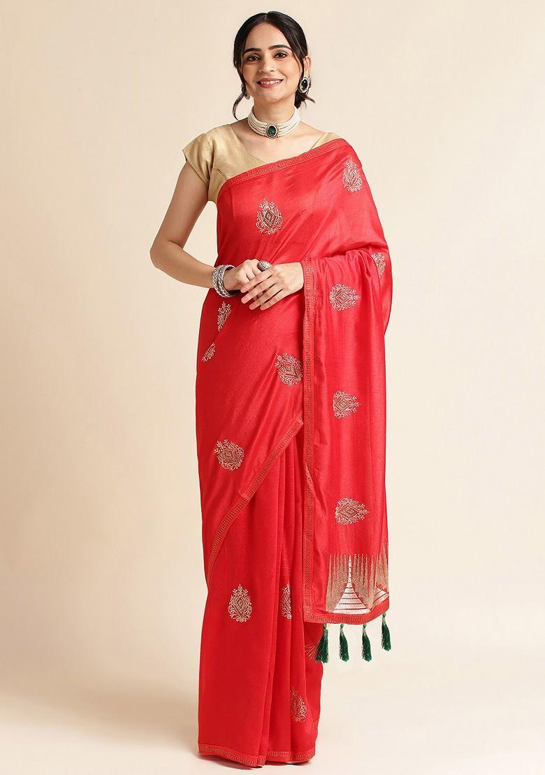 Red Ethnic Motifs Embroidered Saree Set