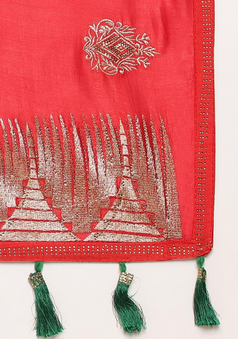Red Ethnic Motifs Embroidered Saree Set
