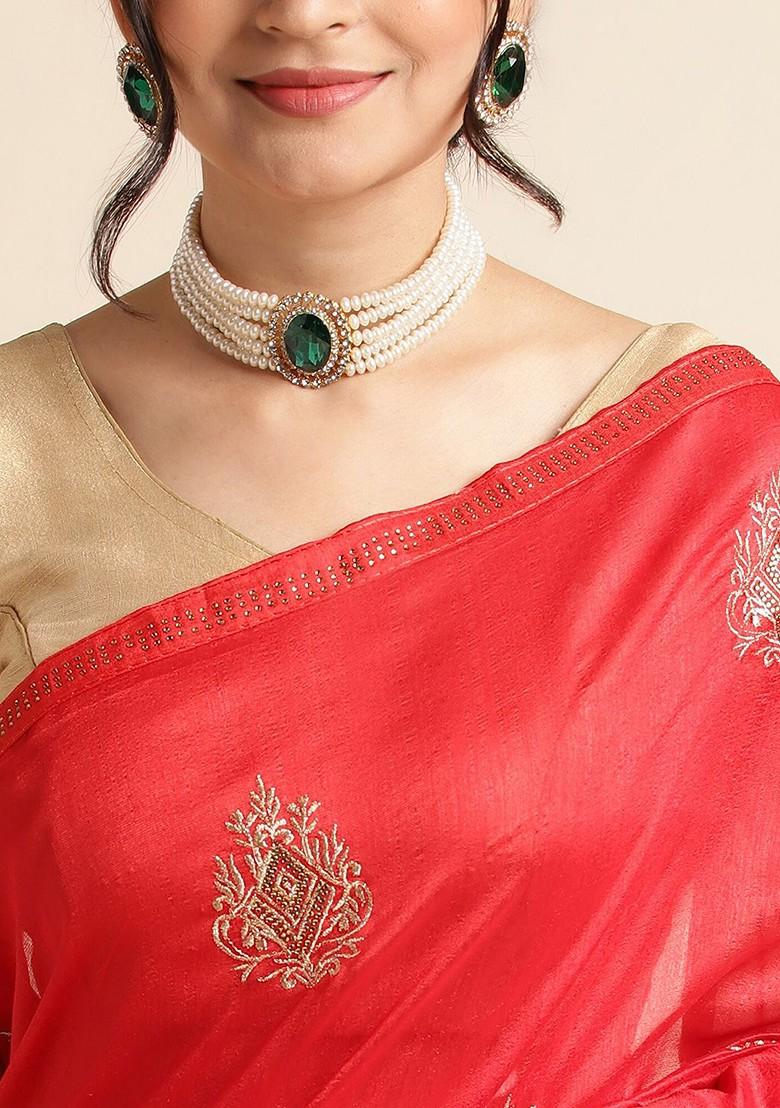 Red Ethnic Motifs Embroidered Saree Set