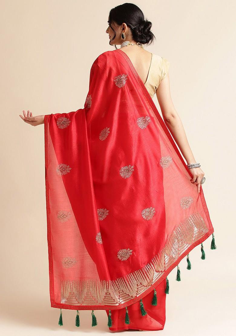 Red Ethnic Motifs Embroidered Saree Set