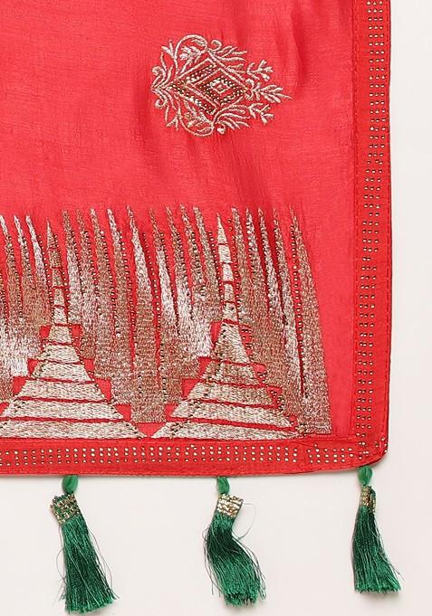 Red Ethnic Motifs Embroidered Saree Set