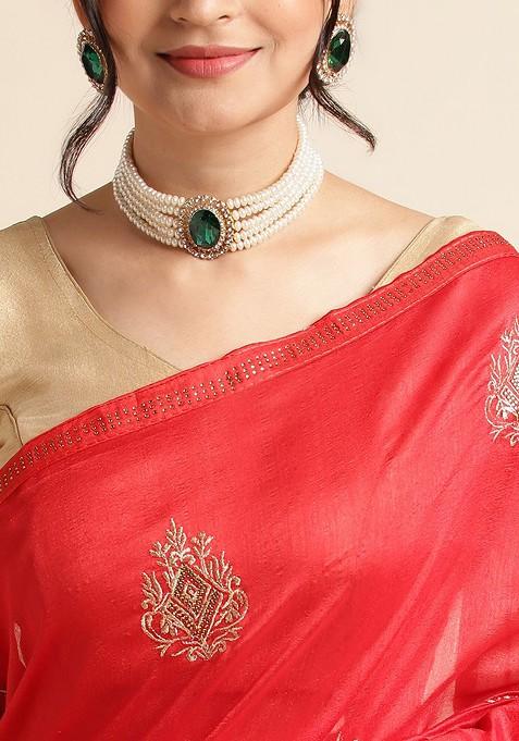 Red Ethnic Motifs Embroidered Saree Set