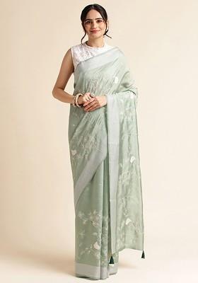 Green Floral Embroidered Saree Set