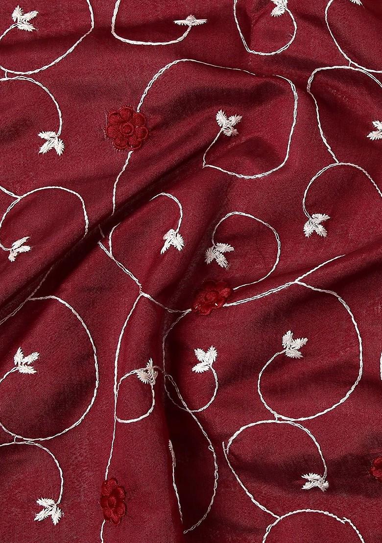 Maroon Floral Embroidered Saree Set - Indya