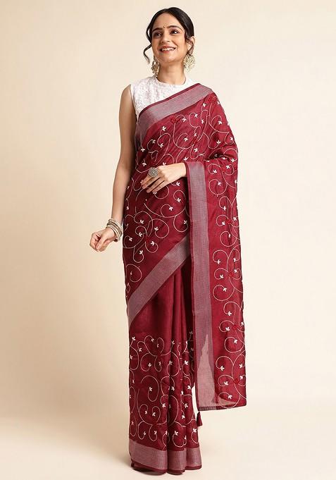 Maroon Floral Embroidered Saree Set