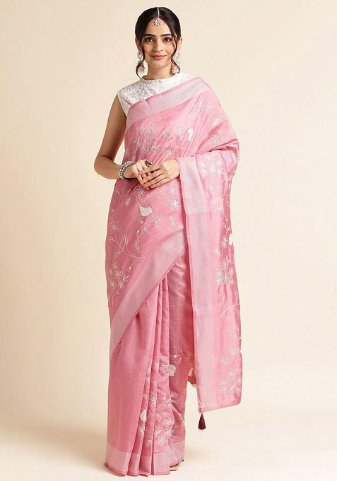 Peach Floral Embroidered Saree Set