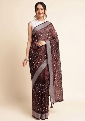 Brown Floral Embroidered Saree Set