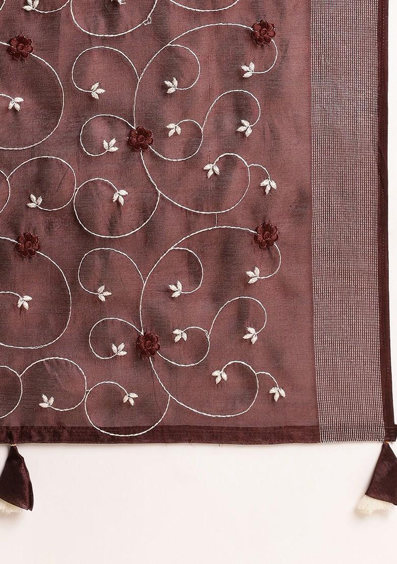 Brown Floral Embroidered Saree Set - Indya
