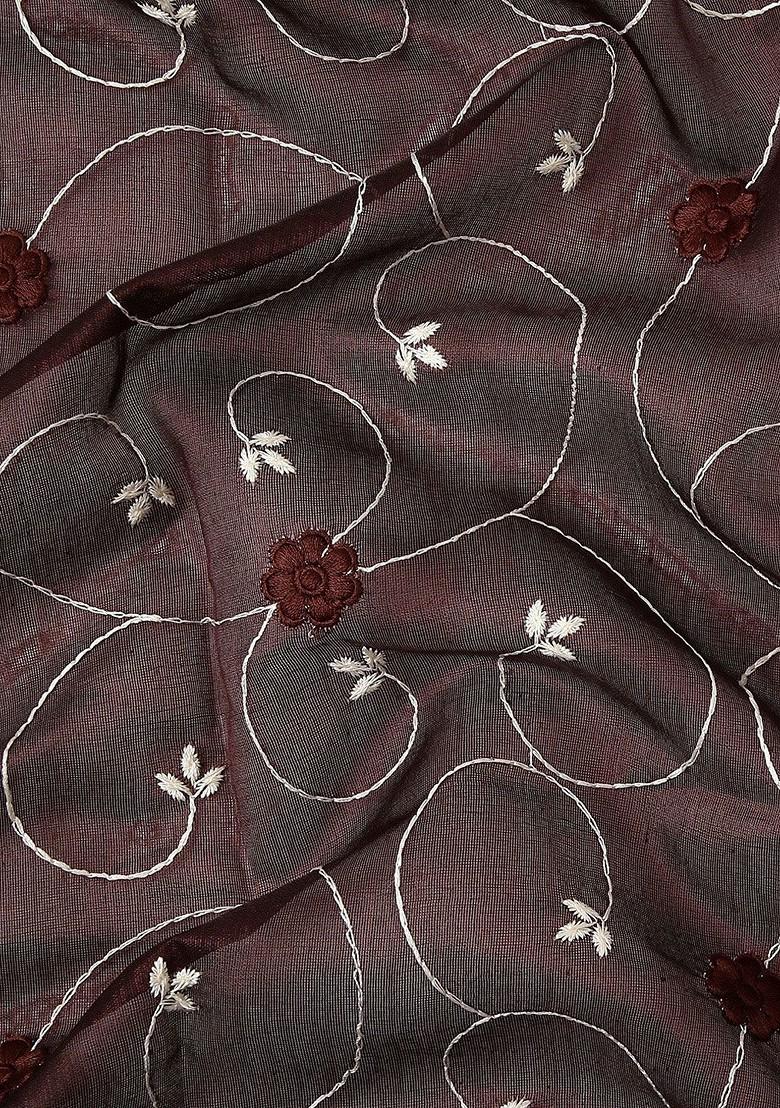 Brown Floral Embroidered Saree Set - Indya