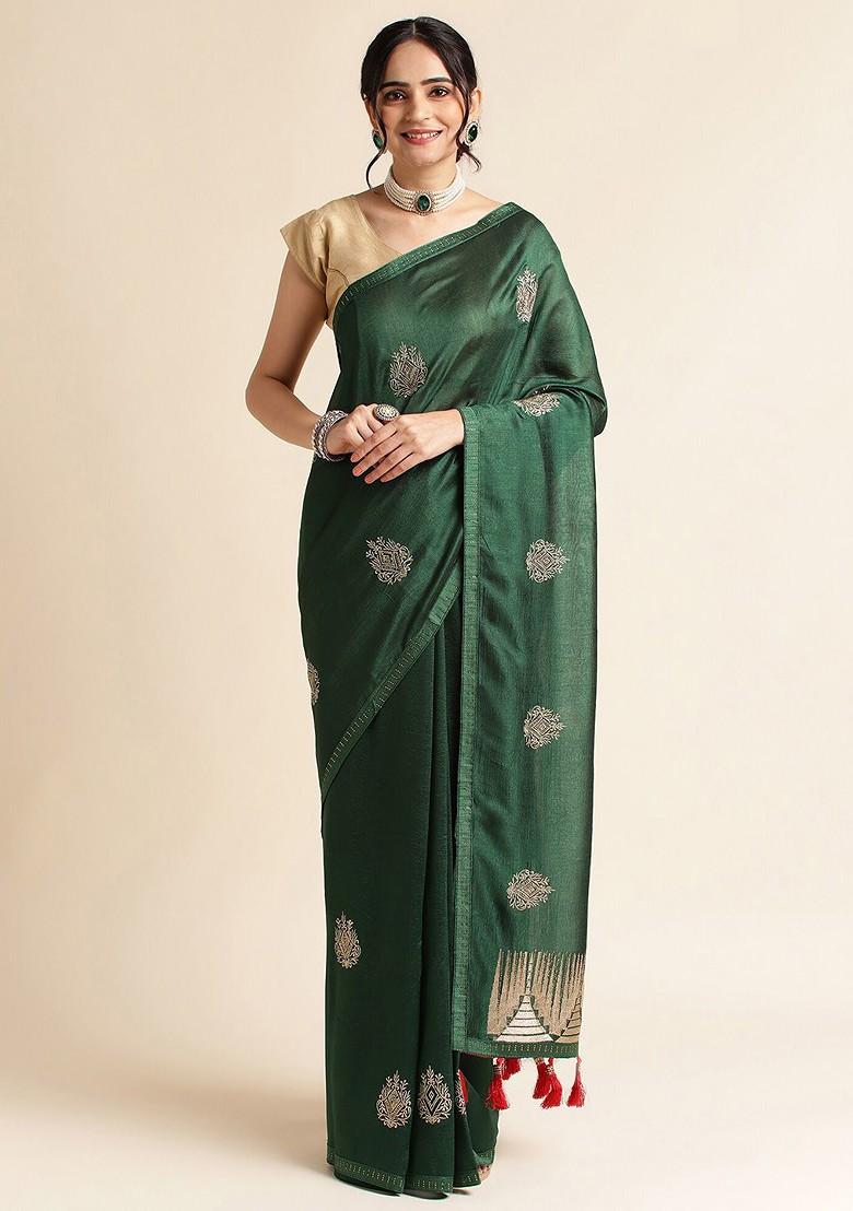 Green Ethnic Motifs Embroidered Saree Set