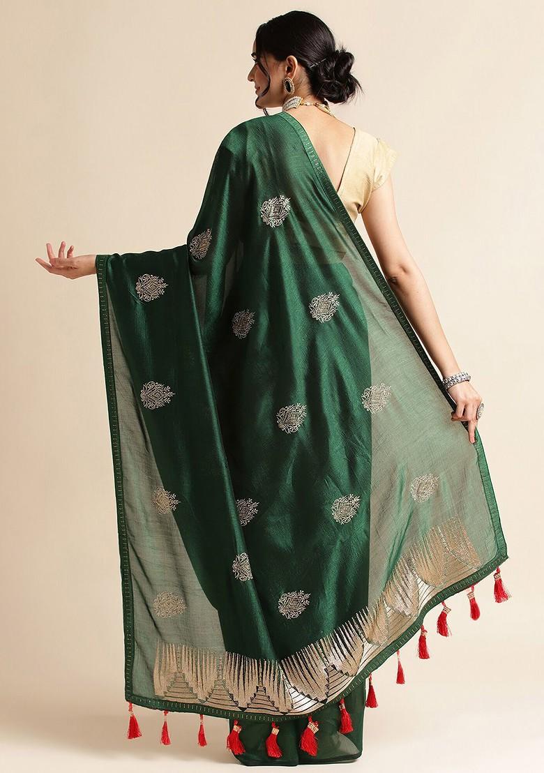 Green Ethnic Motifs Embroidered Saree Set