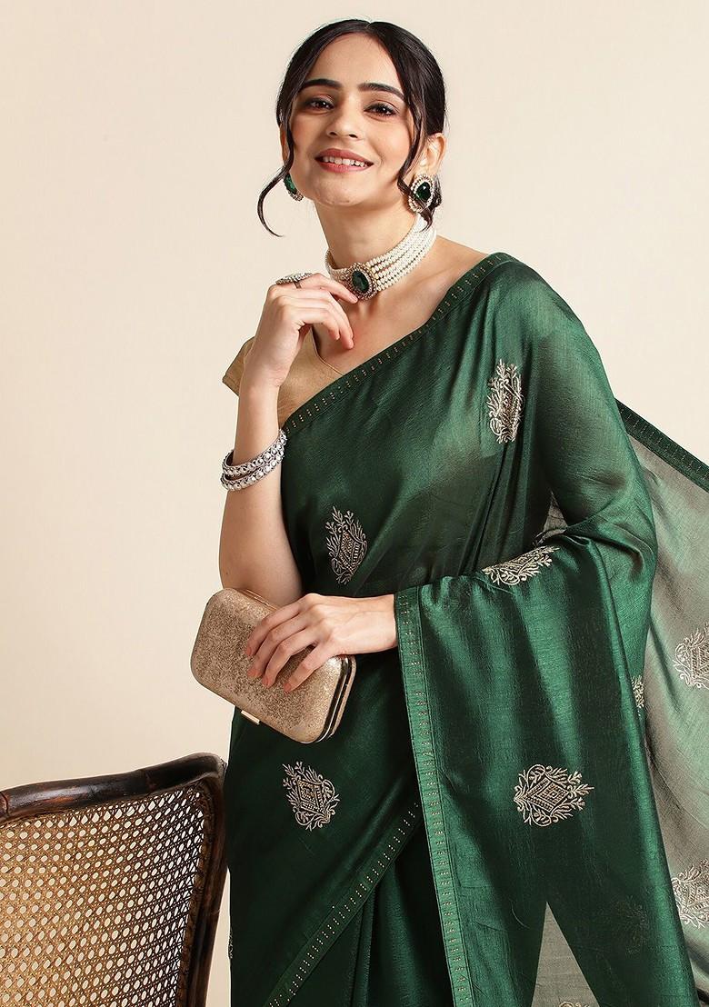 Green Ethnic Motifs Embroidered Saree Set