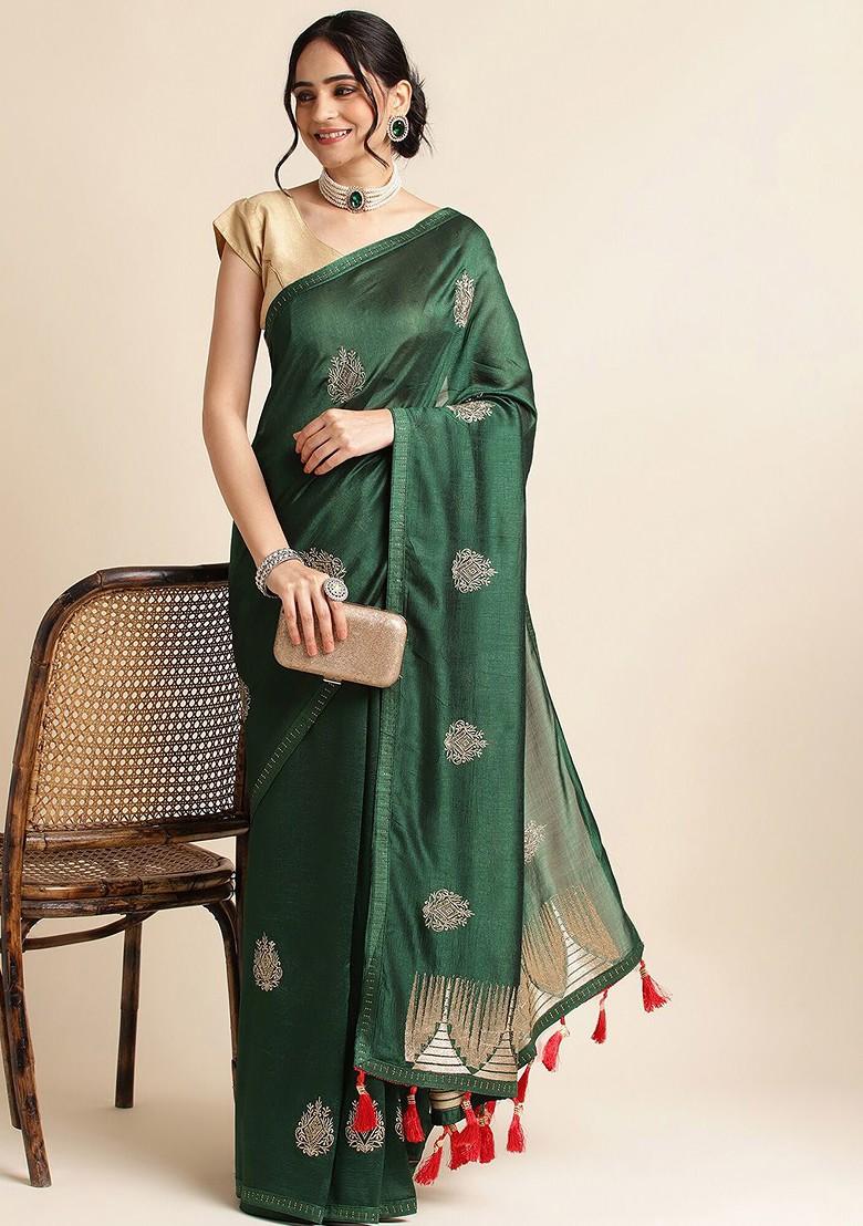 Green Ethnic Motifs Embroidered Saree Set