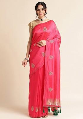 Pink Ethnic Motifs Embroidered Saree Set