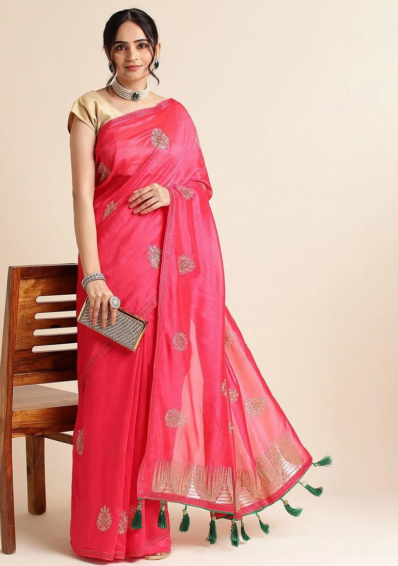 Pink Ethnic Motifs Embroidered Saree Set
