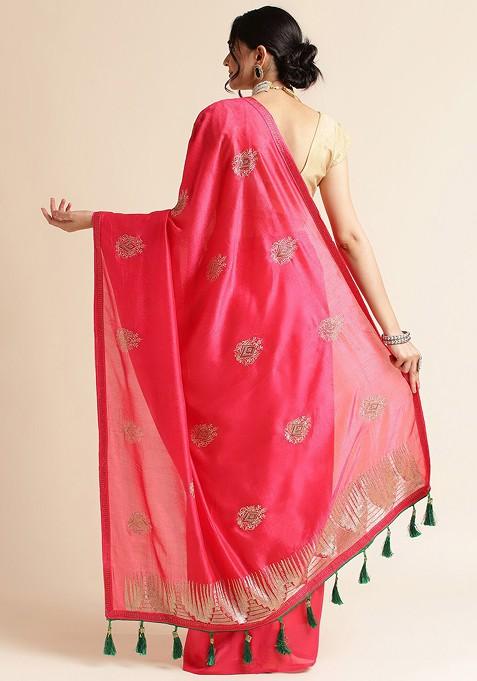 Pink Ethnic Motifs Embroidered Saree Set