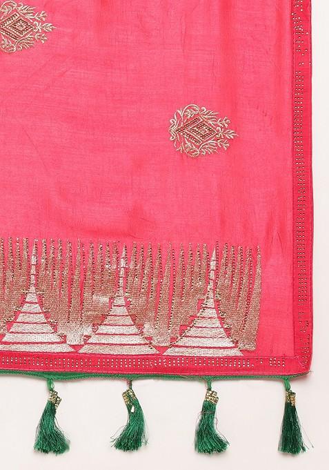 Pink Ethnic Motifs Embroidered Saree Set