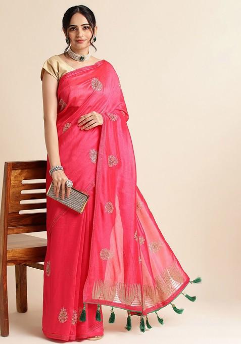 Pink Ethnic Motifs Embroidered Saree Set
