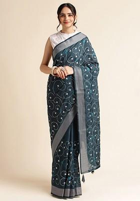 Blue Floral Embroidered Saree Set