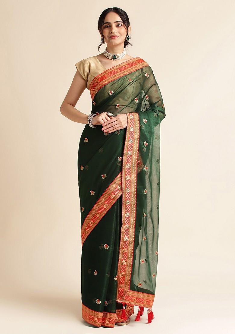 Green Ethnic Motifs Embroidered Zari Saree Set