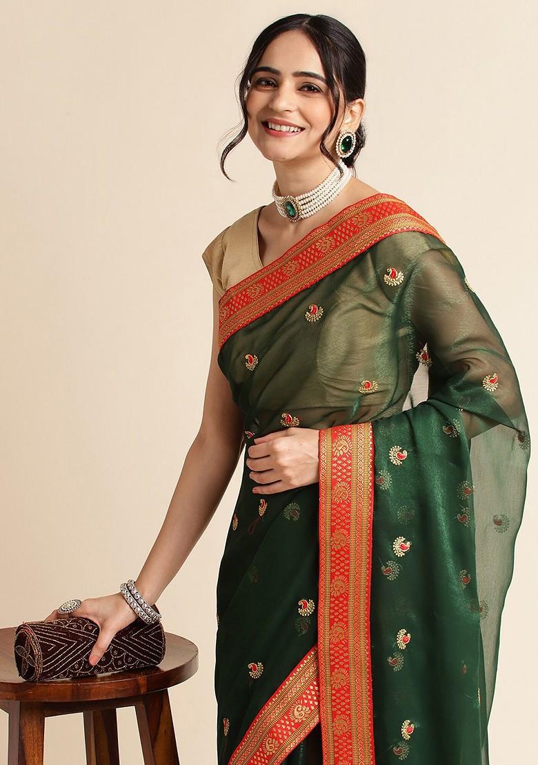 Green Ethnic Motifs Embroidered Zari Saree Set