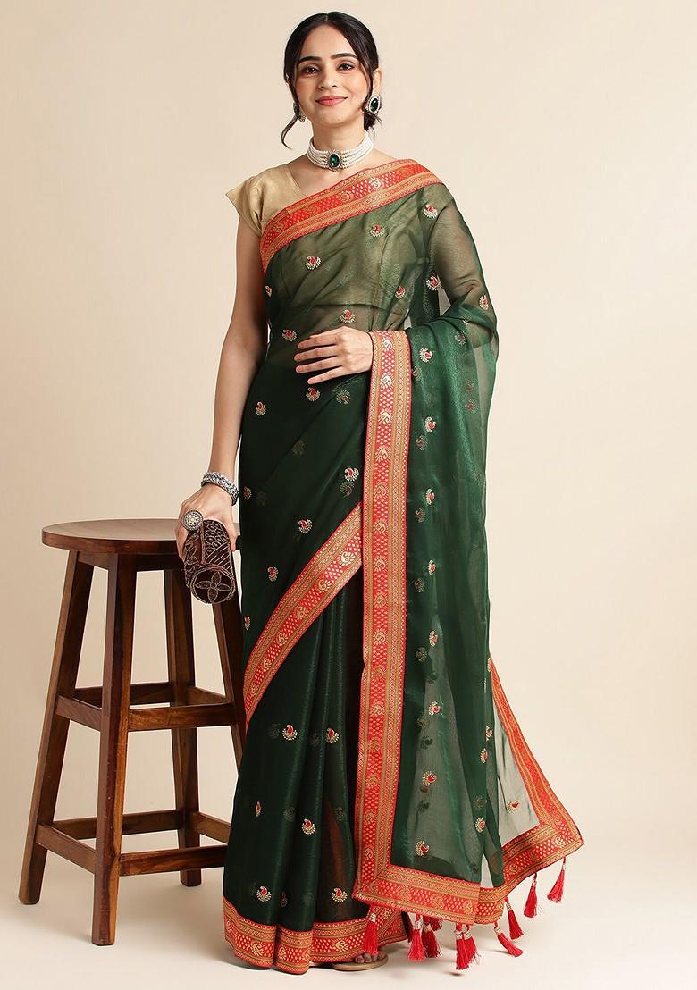 Green Ethnic Motifs Embroidered Zari Saree Set