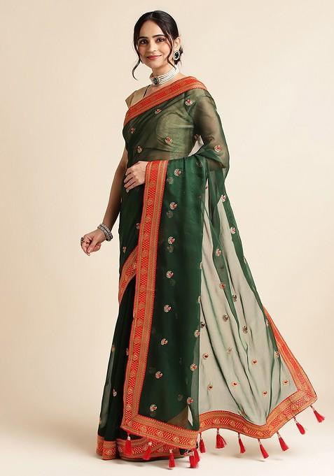 Green Ethnic Motifs Embroidered Zari Saree Set