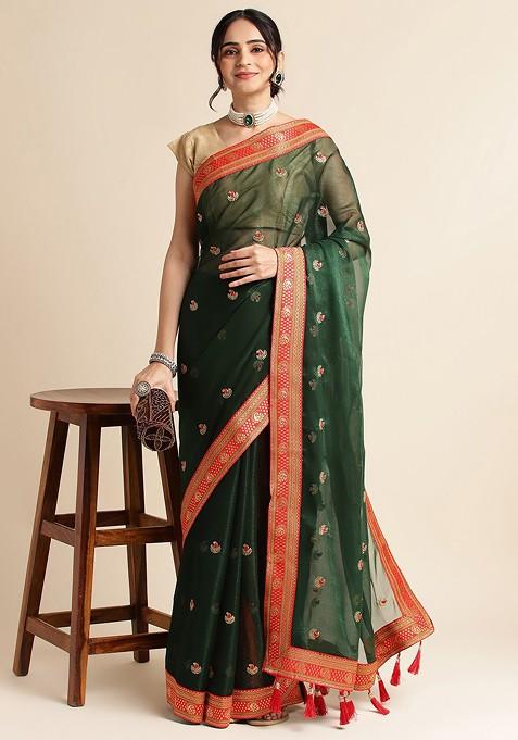 Green Ethnic Motifs Embroidered Zari Saree Set