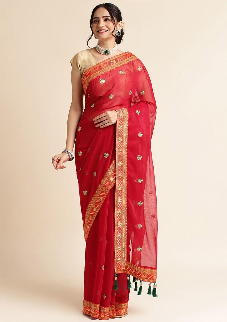 Red Ethnic Motifs Embroidered Saree Set