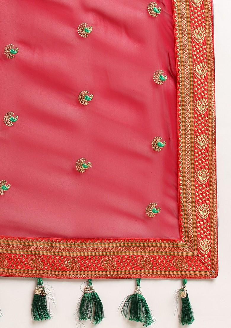 Red Ethnic Motifs Embroidered Saree Set