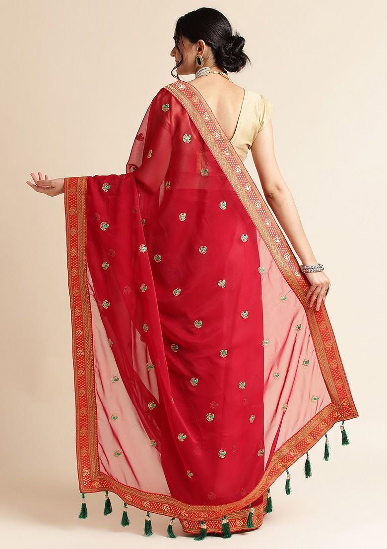 Red Ethnic Motifs Embroidered Saree Set