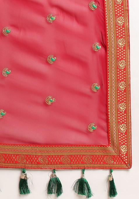 Red Ethnic Motifs Embroidered Saree Set