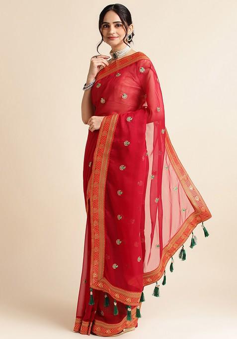 Red Ethnic Motifs Embroidered Saree Set