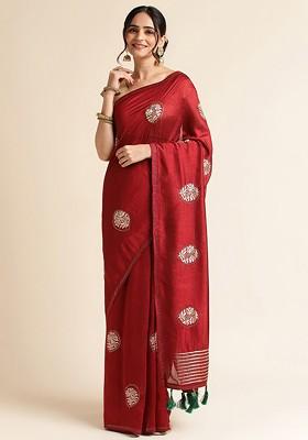 Maroon Ethnic Motifs Embroidered Saree Set