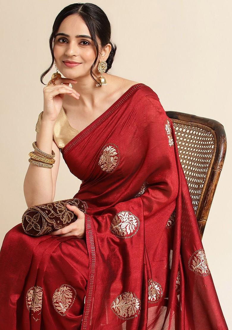 Maroon Ethnic Motifs Embroidered Saree Set