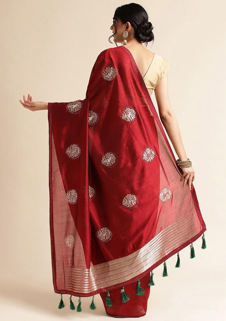 Maroon Ethnic Motifs Embroidered Saree Set