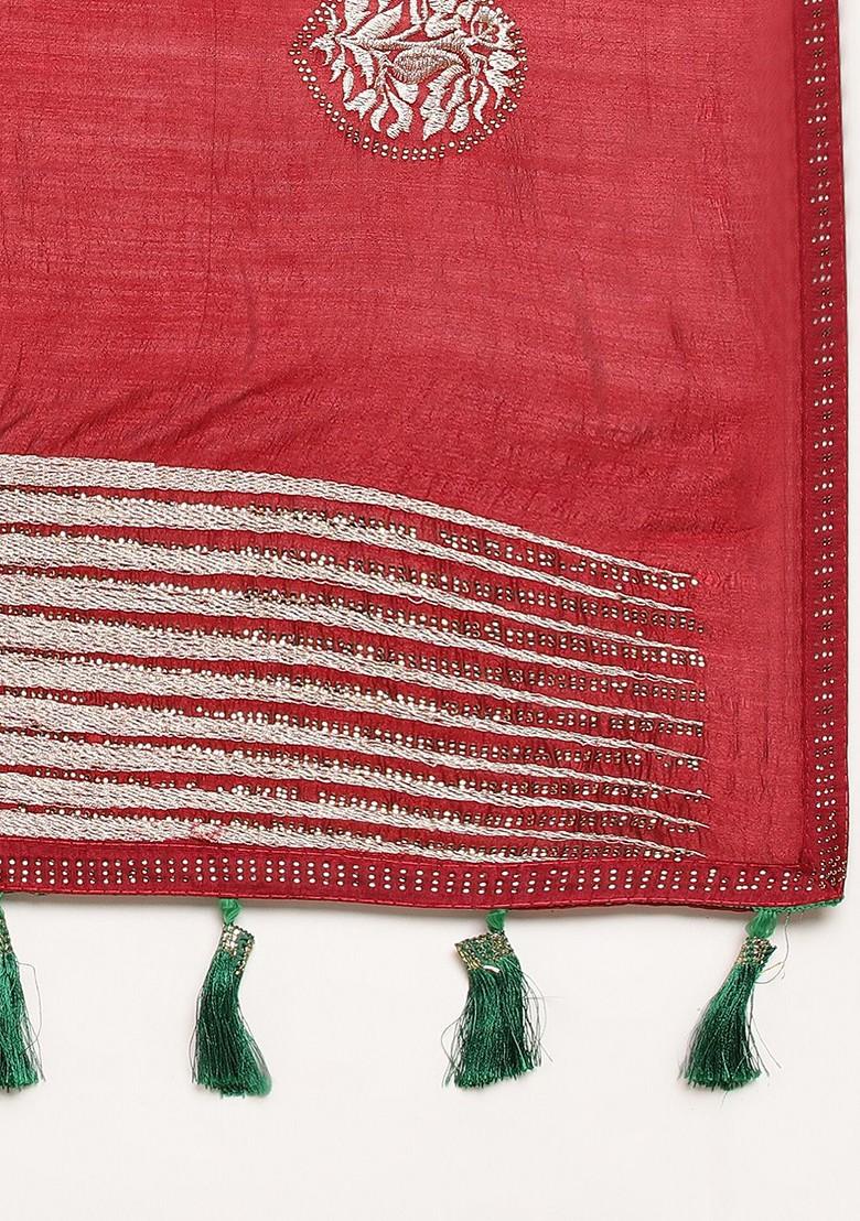 Maroon Ethnic Motifs Embroidered Saree Set