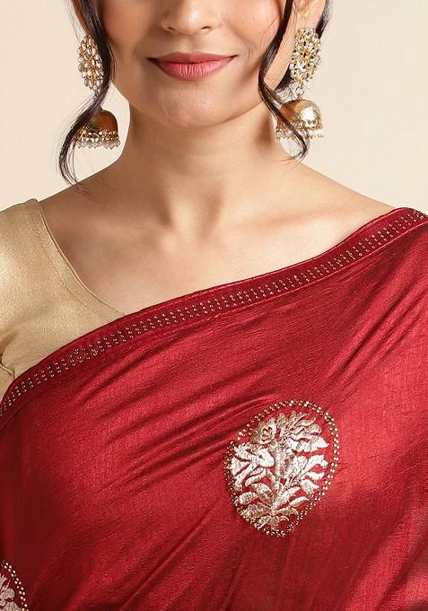 Maroon Ethnic Motifs Embroidered Saree Set