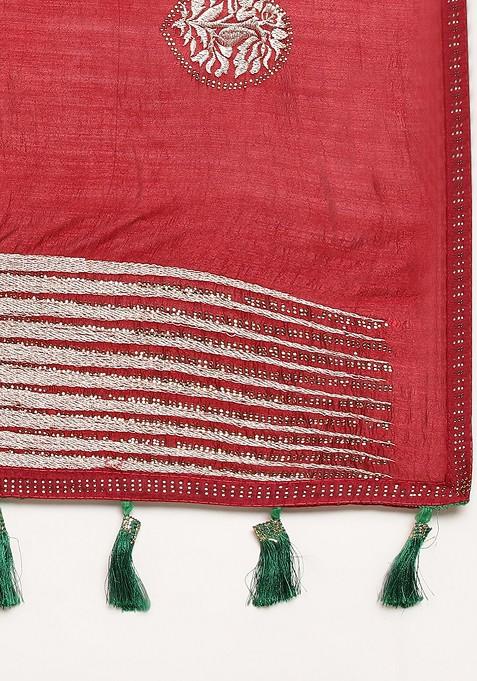 Maroon Ethnic Motifs Embroidered Saree Set