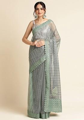 Green Sequin Embellished Saree Set