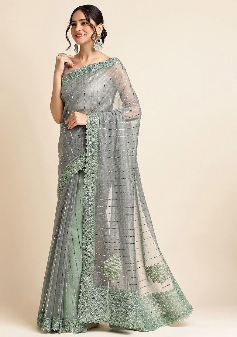 Green Sequin Embellished Saree Set - Indya