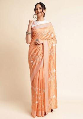 Orange Floral Embroidered Zari Saree Set