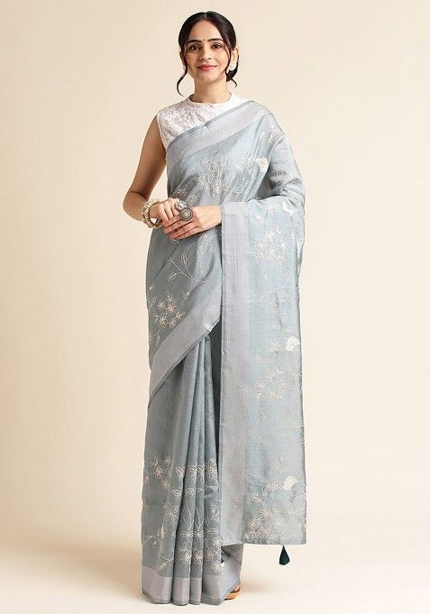 Grey Floral Embroidered Zari Saree Set