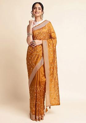 Mustard Floral Embroidered Zari Saree Set